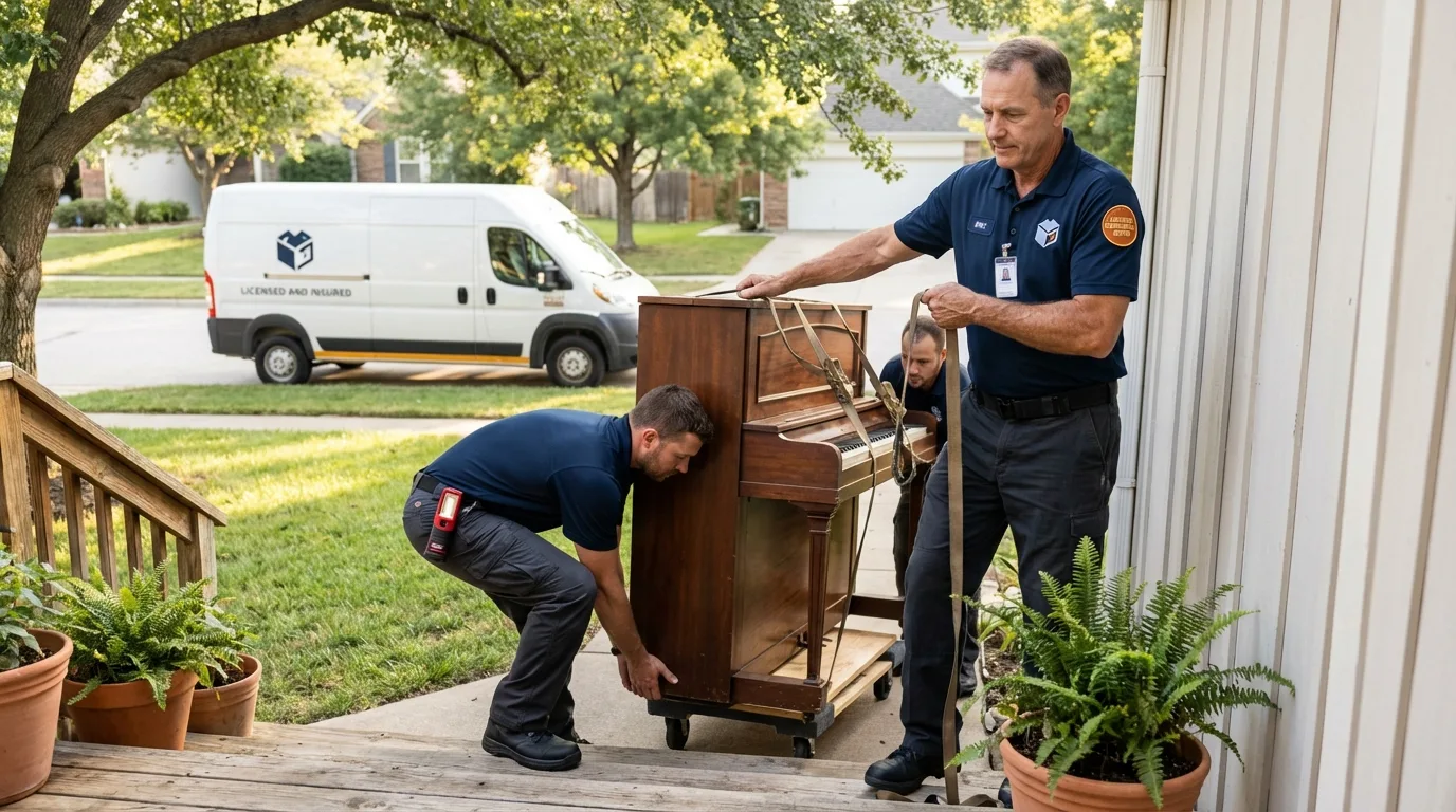 Licensed piano movers securing grand piano in Nottingham, NH
