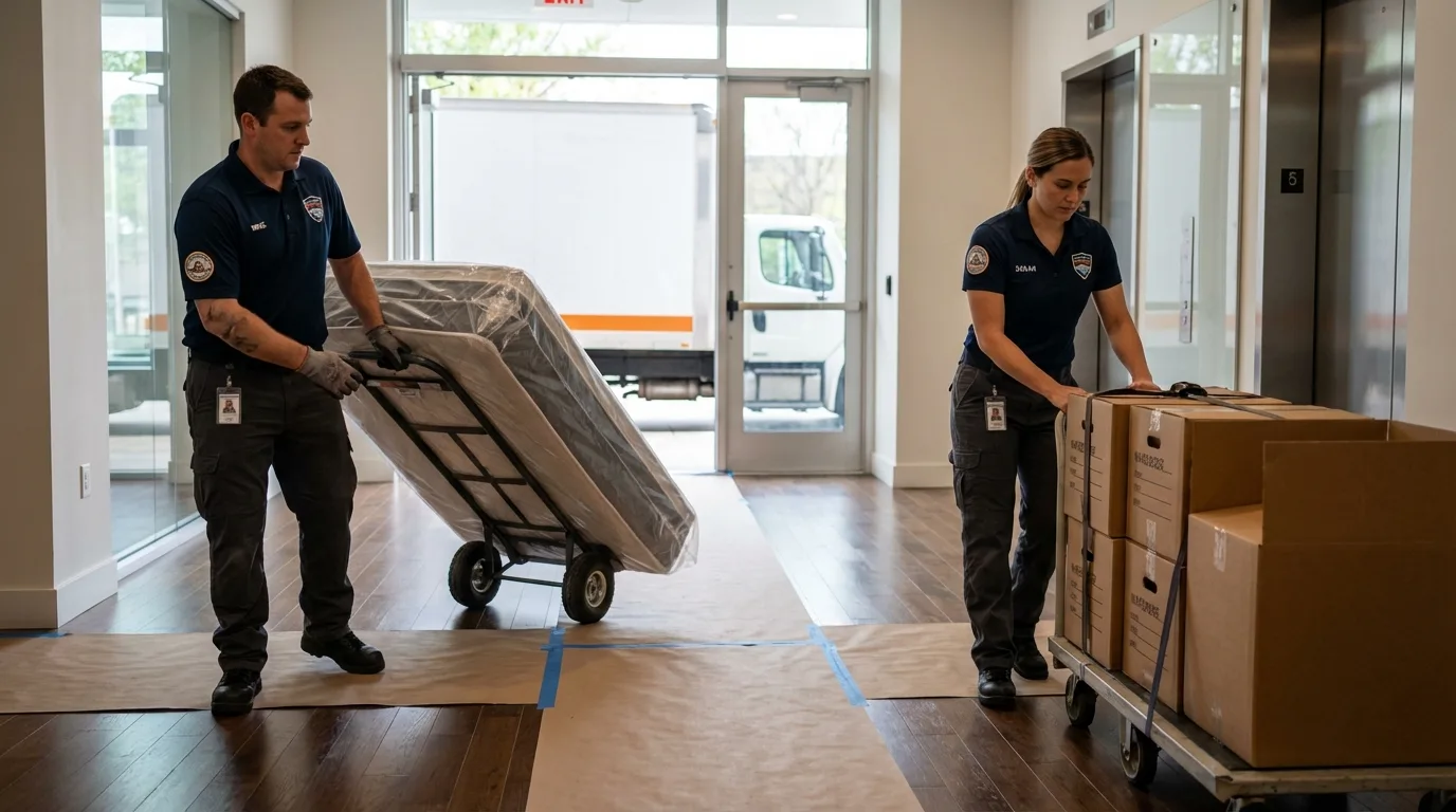 Professional apartment movers loading elevator in Nottingham, NH