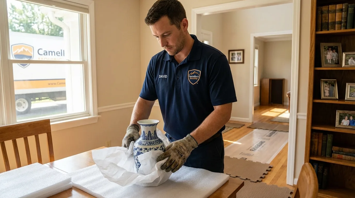 Professional crew carefully wrapping antique vase for senior downsizing move in Nottingham, NH