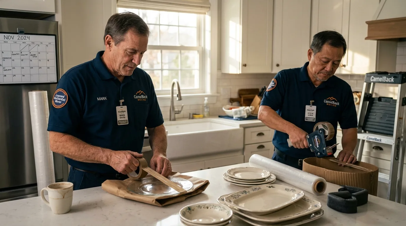 Professional crew packing kitchen dishware in Nottingham, NH